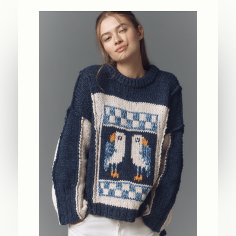 NWT Anthropologie Pilcro Chunky Crew-Neck Sweater Seagull XS Navy and Cream